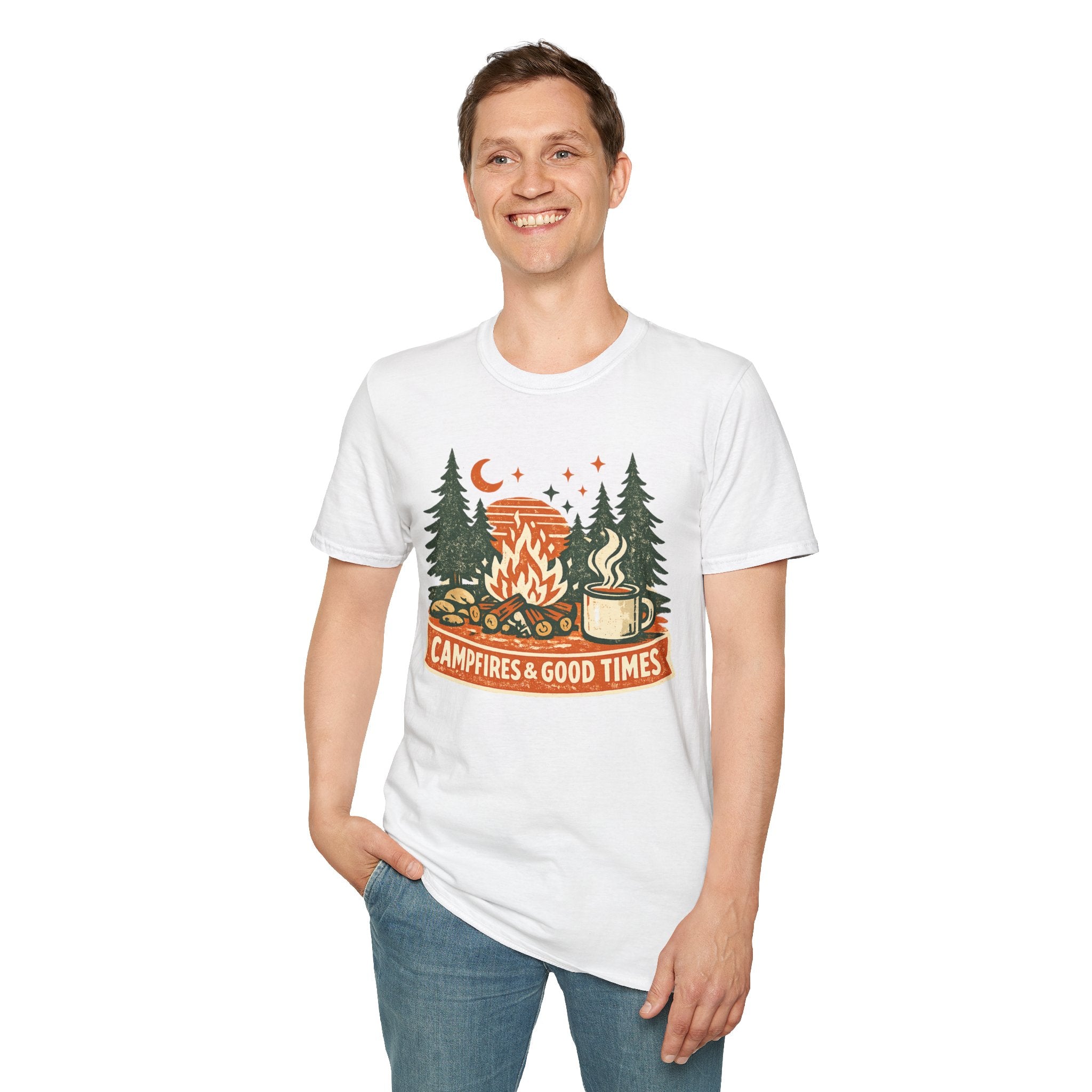"Campfires & Good Times" T-Shirt — Retro Camping Tee with Bonfire, Trees & Coffee Mug