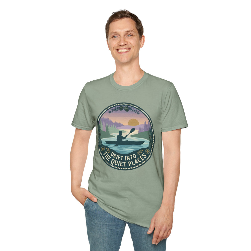Kayak Sunset T‑Shirt — "Drift Into The Quiet Places" Outdoor Relaxation Tee