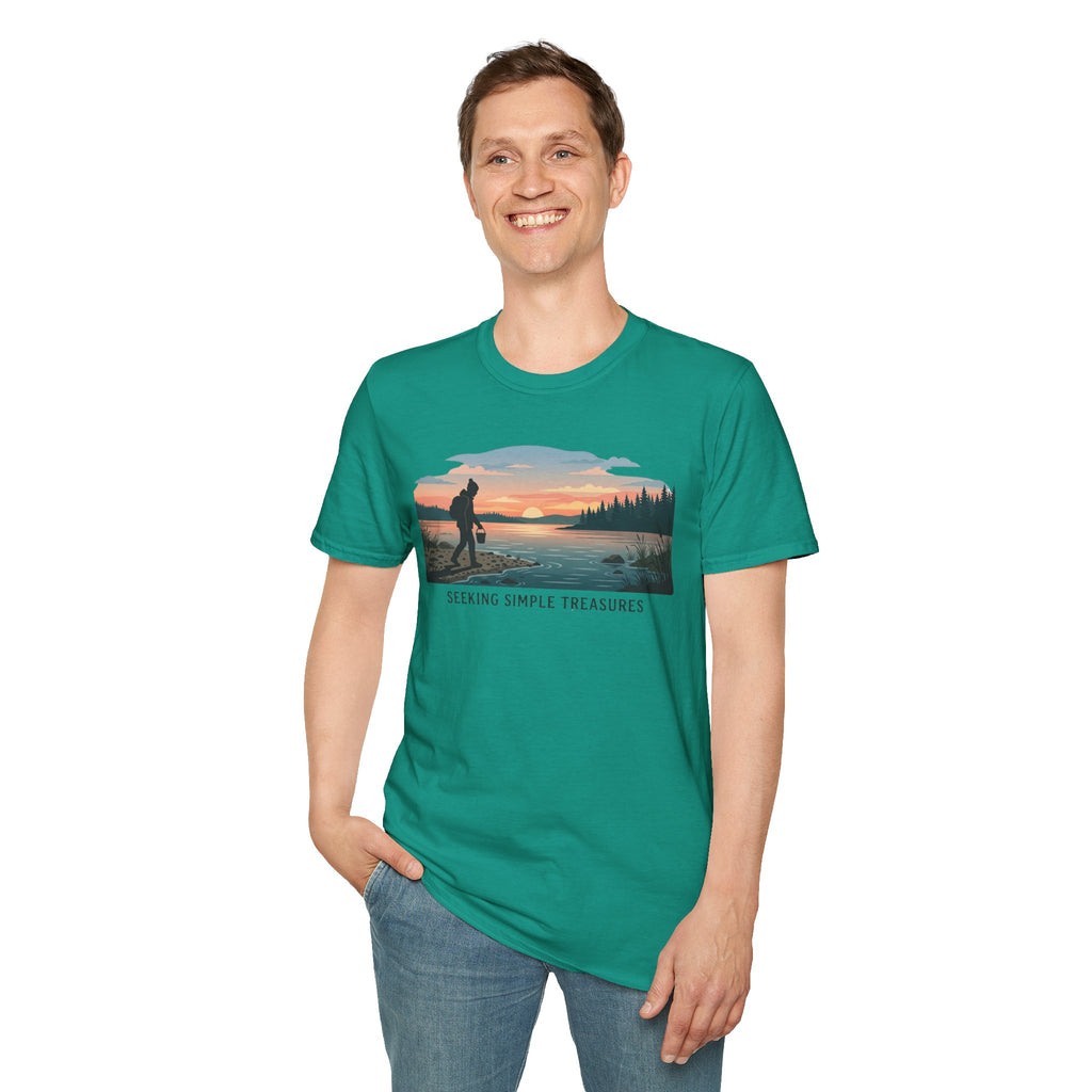 Outdoor T-Shirt — "Seeking Simple Treasures" Sunset Hiker Graphic