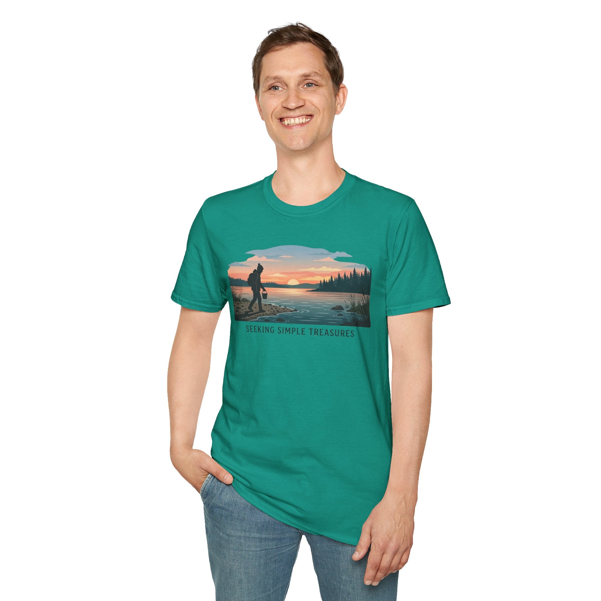 Outdoor T-Shirt — "Seeking Simple Treasures" Sunset Hiker Graphic