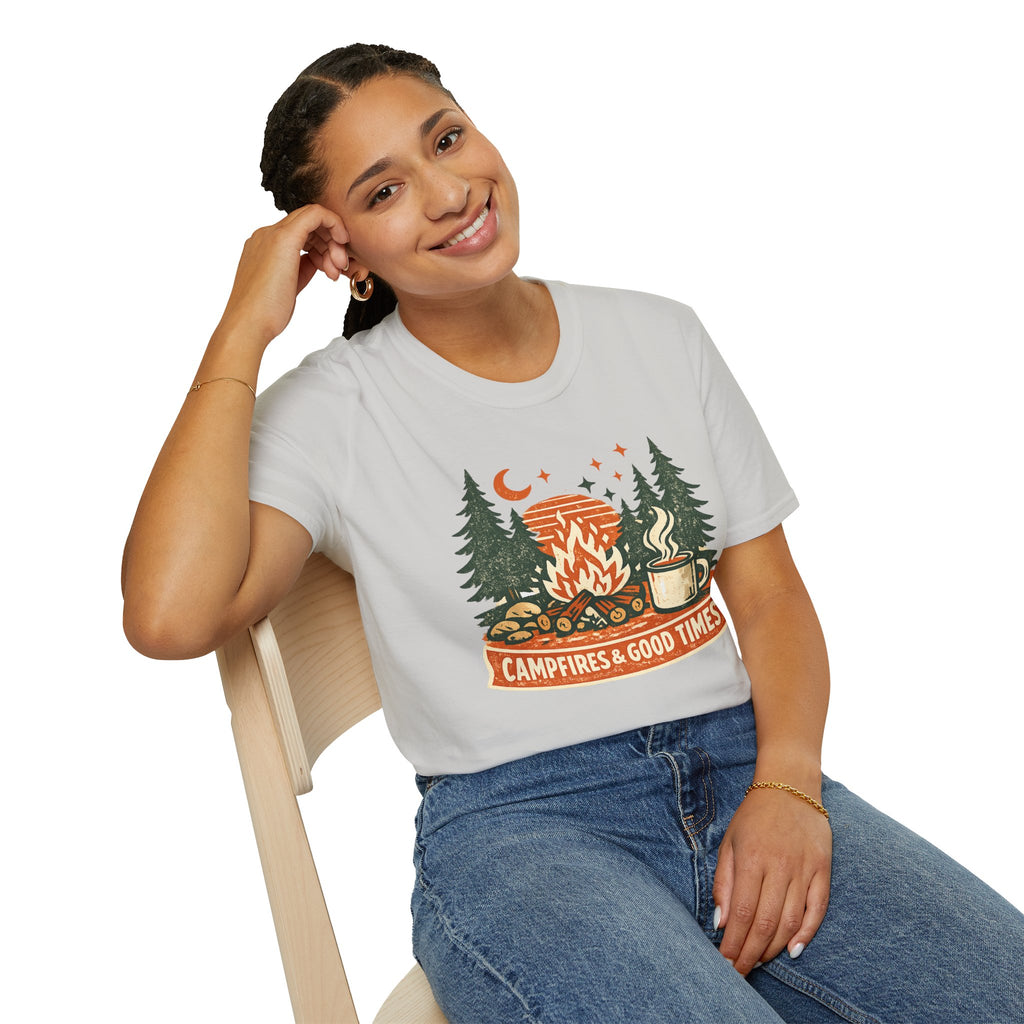 "Campfires & Good Times" T-Shirt — Retro Camping Tee with Bonfire, Trees & Coffee Mug