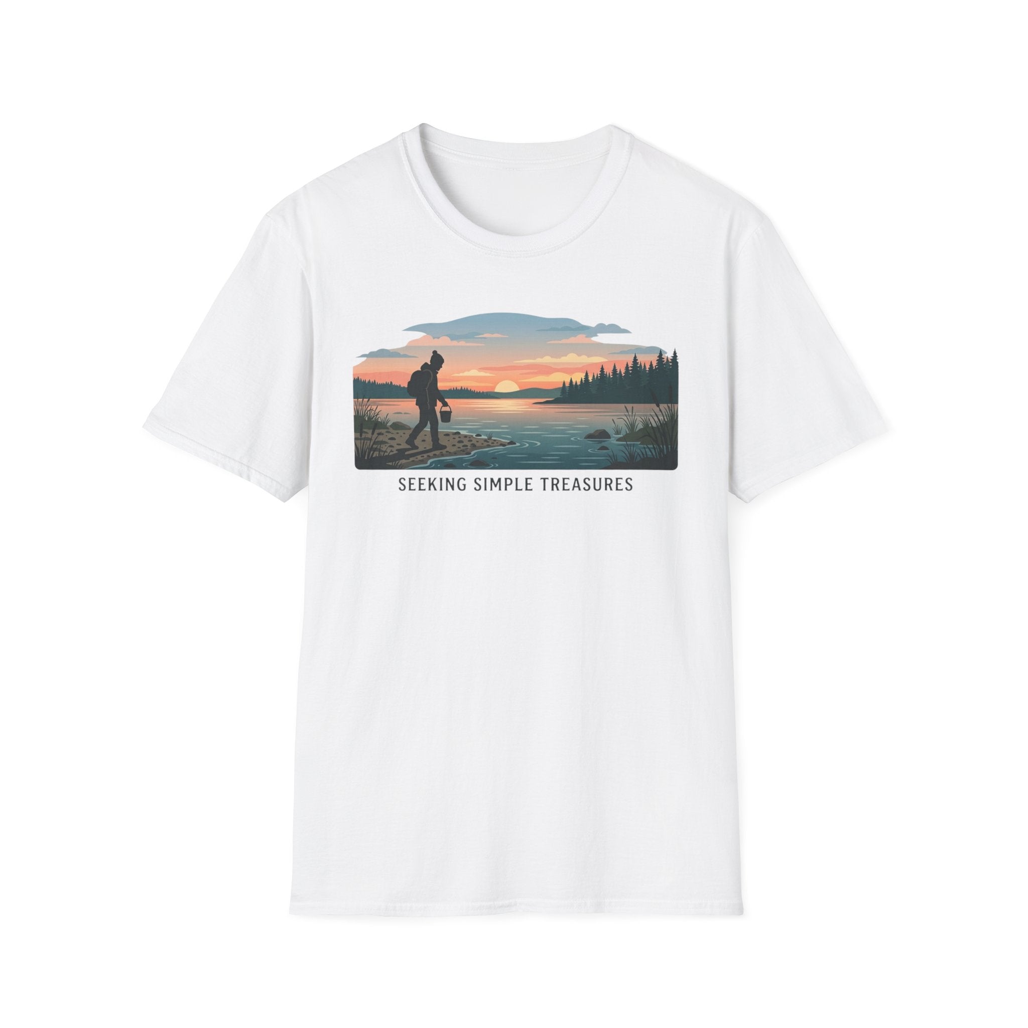 Outdoor T-Shirt — "Seeking Simple Treasures" Sunset Hiker Graphic