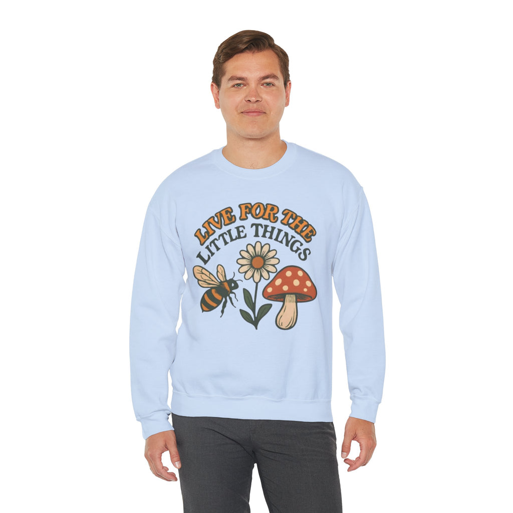 "Live For The Little Things" Bee, Daisy & Mushroom Retro Nature Design Crewneck Sweatshirt
