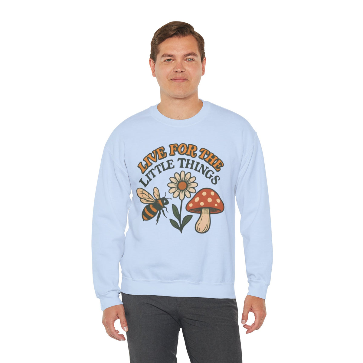 "Live For The Little Things" Bee, Daisy & Mushroom Retro Nature Design Crewneck Sweatshirt