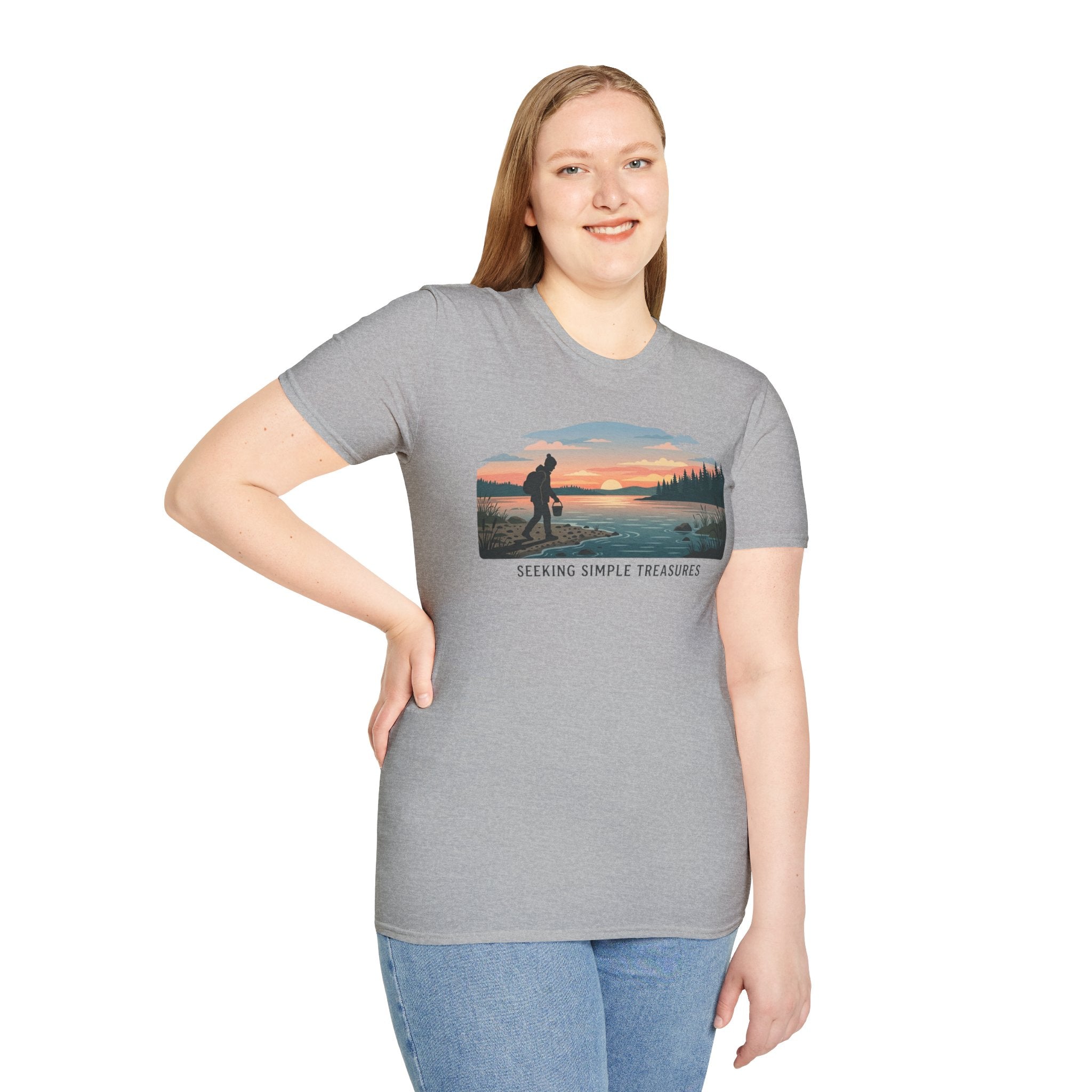 Outdoor T-Shirt — "Seeking Simple Treasures" Sunset Hiker Graphic