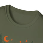 "Campfires & Good Times" T-Shirt — Retro Camping Tee with Bonfire, Trees & Coffee Mug