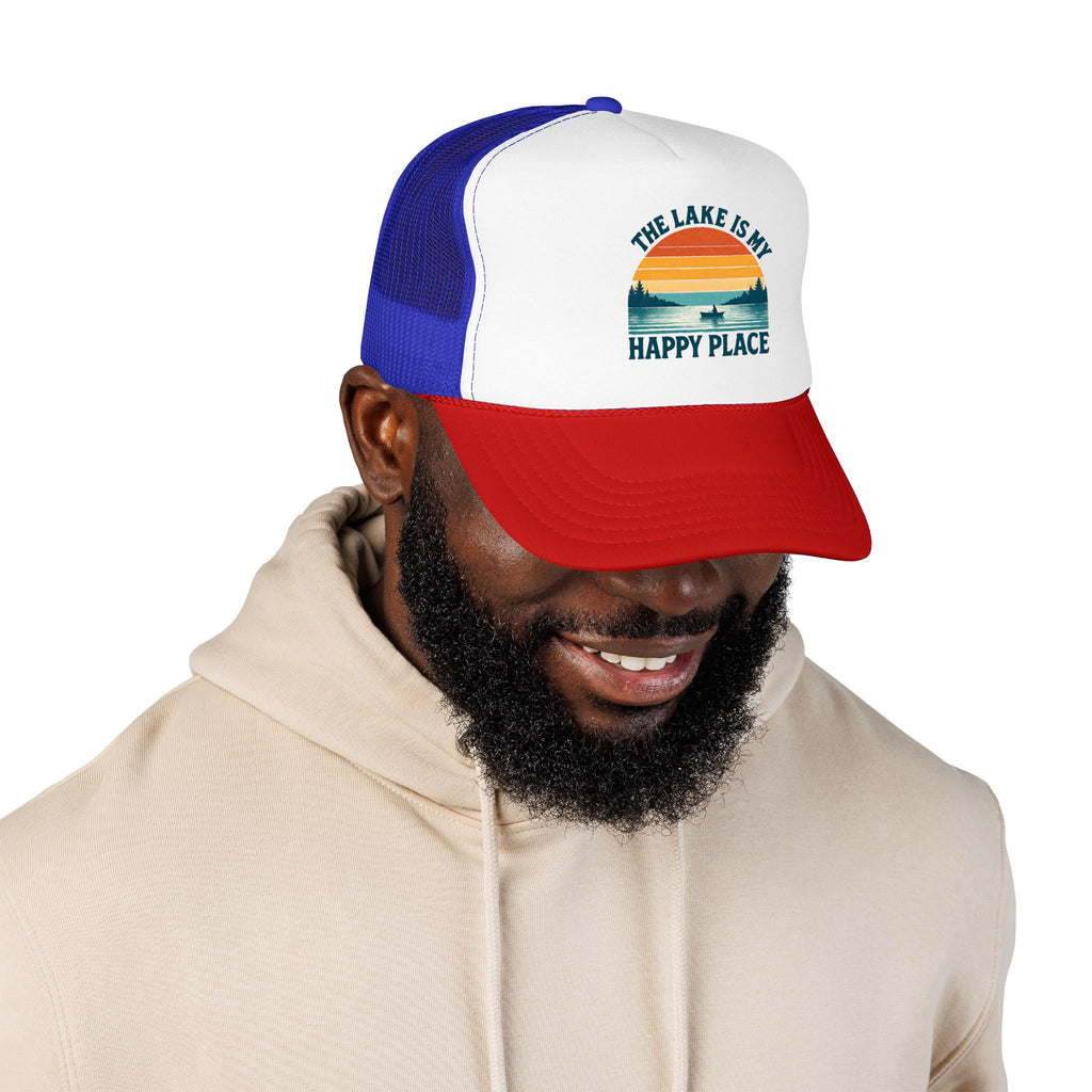 Lake Is My Happy Place Trucker Hat — Vintage Sunset Fishing Foam Cap