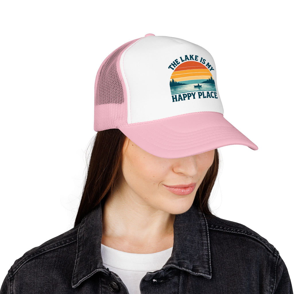 Lake Is My Happy Place Trucker Hat — Vintage Sunset Fishing Foam Cap