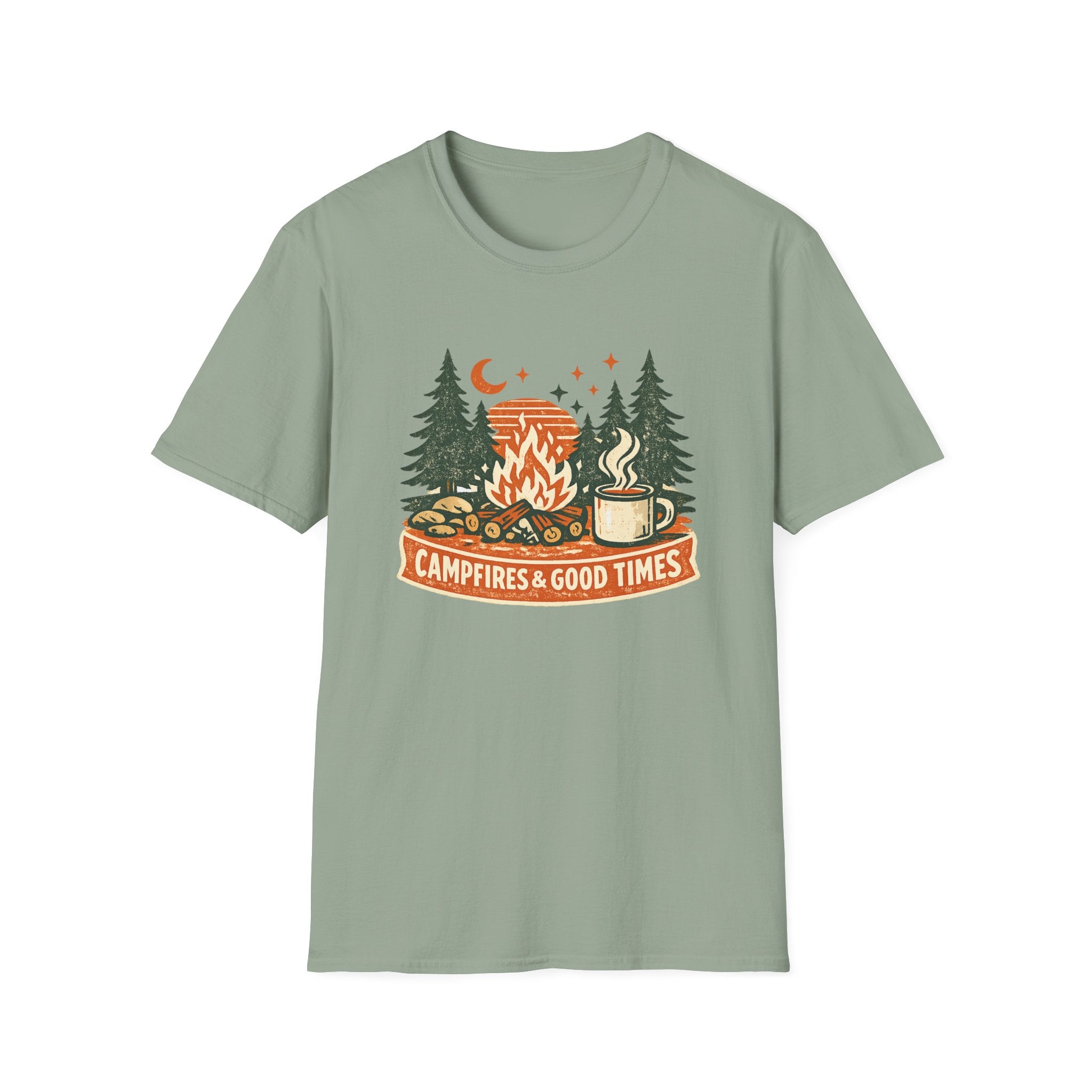 Campfires & Good Times T-Shirt — Retro Camping Tee with Bonfire, Trees & Coffee Mug