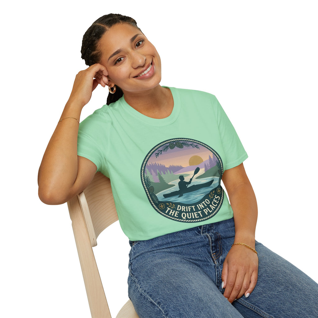 Kayak Sunset T‑Shirt — "Drift Into The Quiet Places" Outdoor Relaxation Tee
