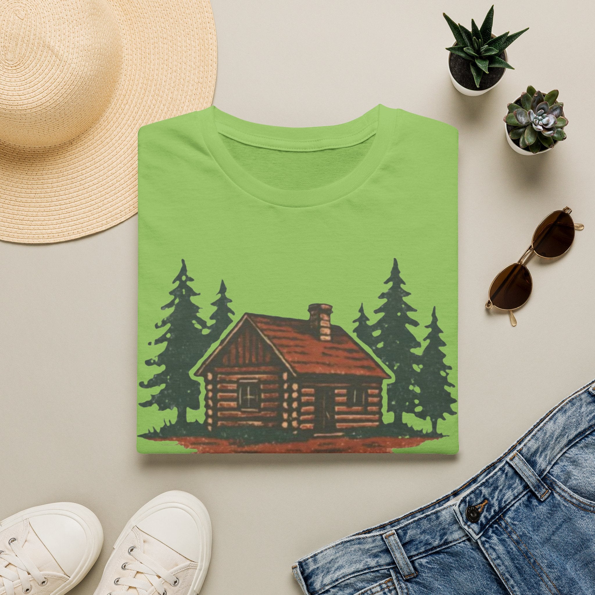 Vintage Cozy Cabin T-Shirt — Faded Pine Tree Cabin Tee