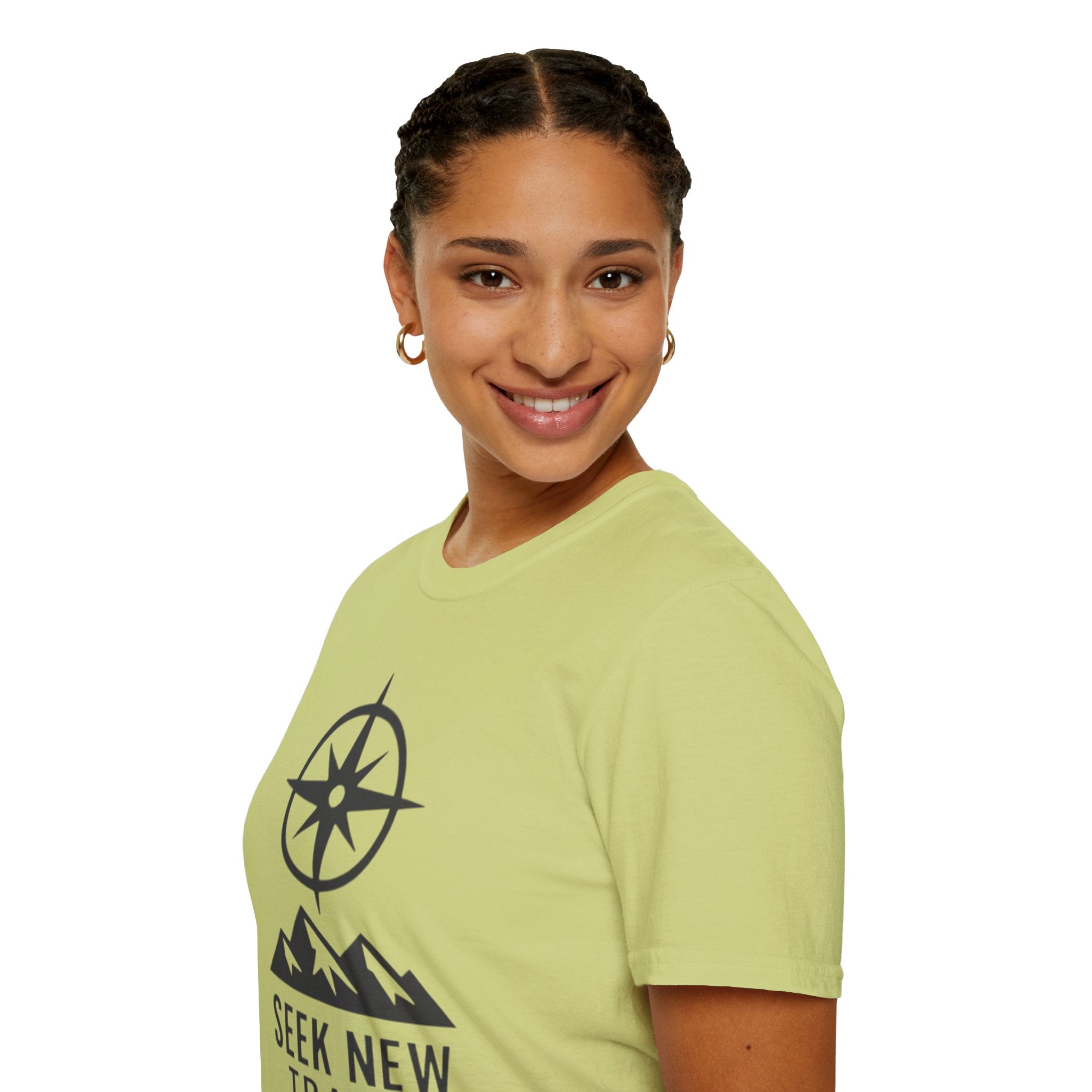 "Seek New Trails" Compass Over Mountains T-Shirt