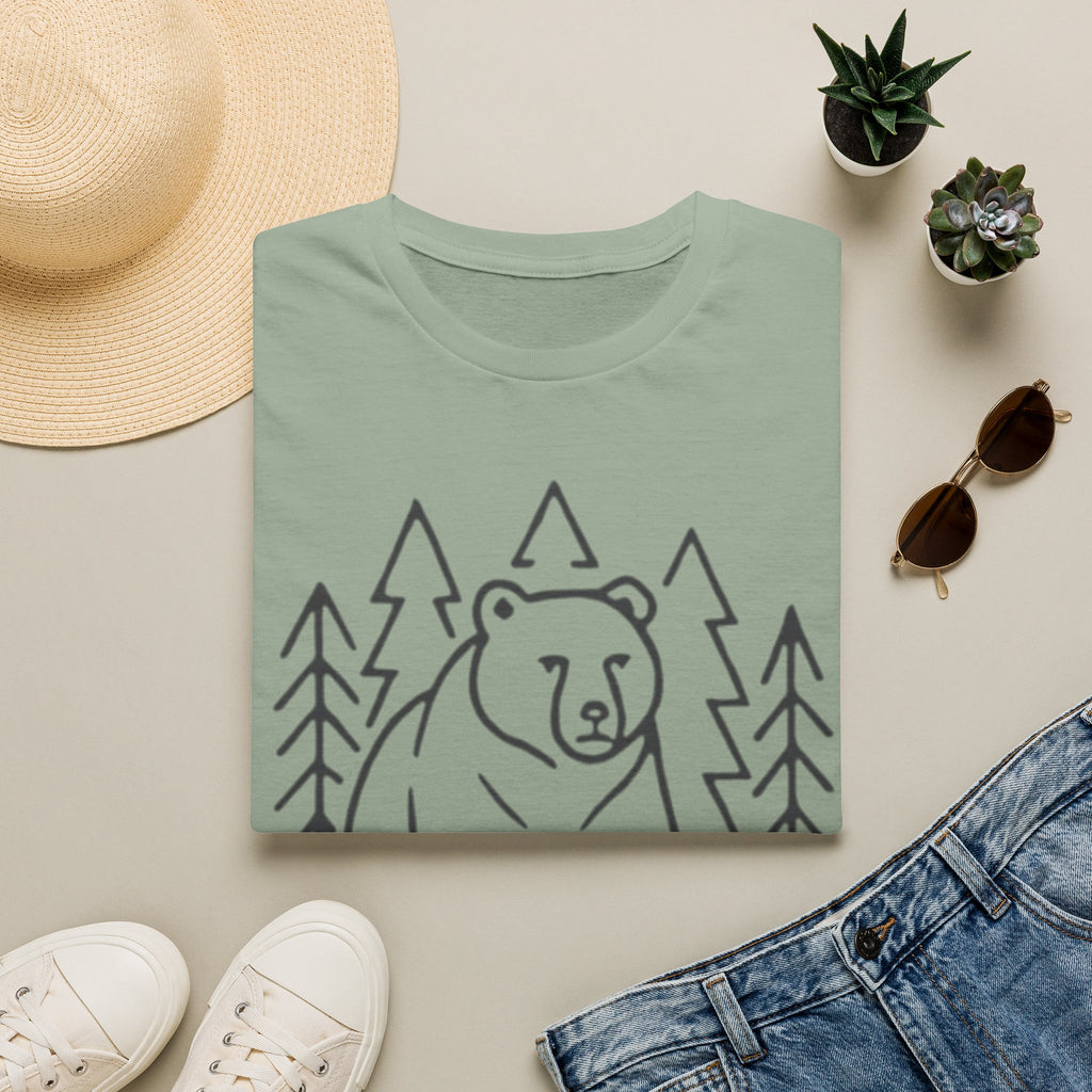 Bear & Pines T-Shirt — Minimal Line Drawing Woodland Tee