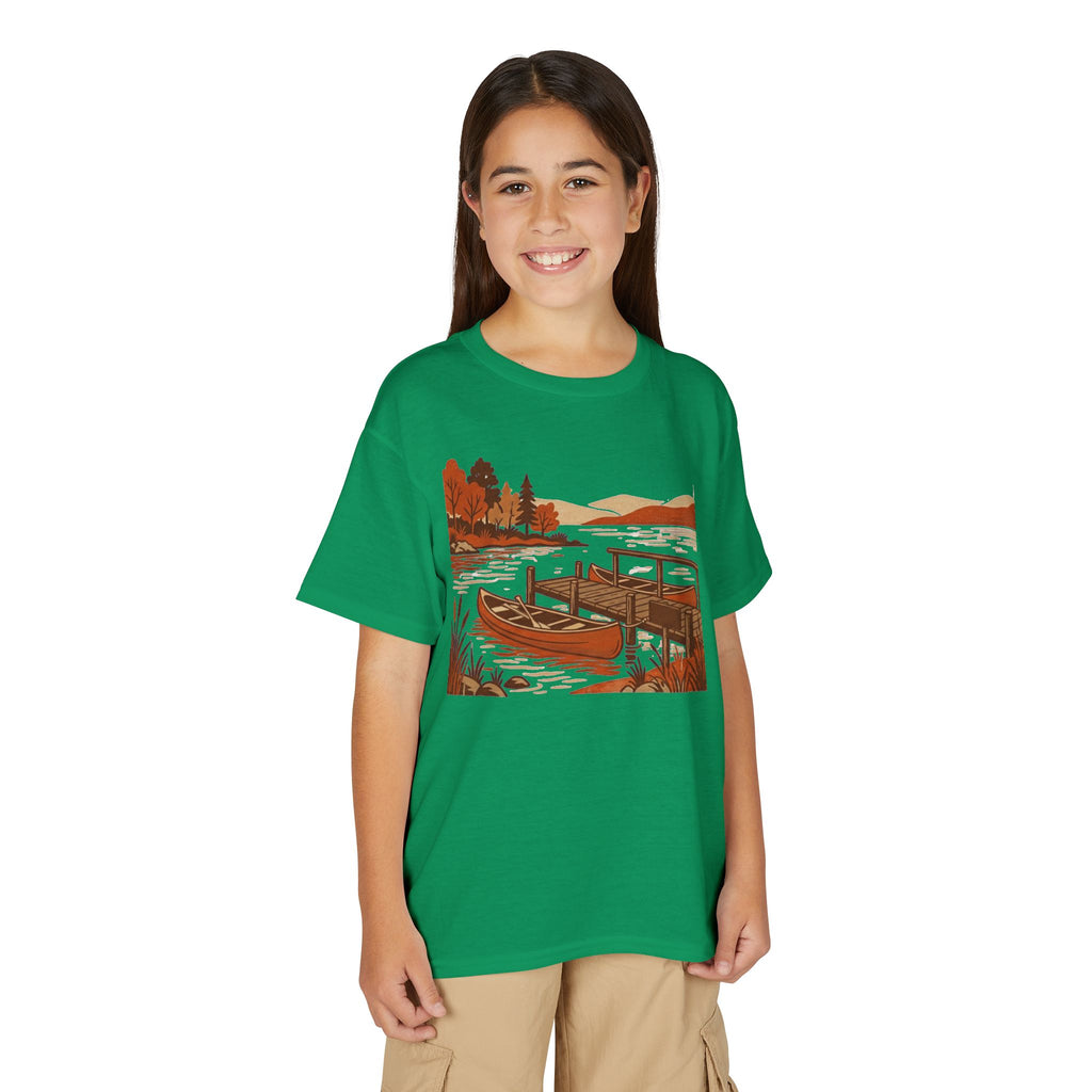 Youth T-Shirt — Autumn Lakeside Dock & Canoe Kids Tee