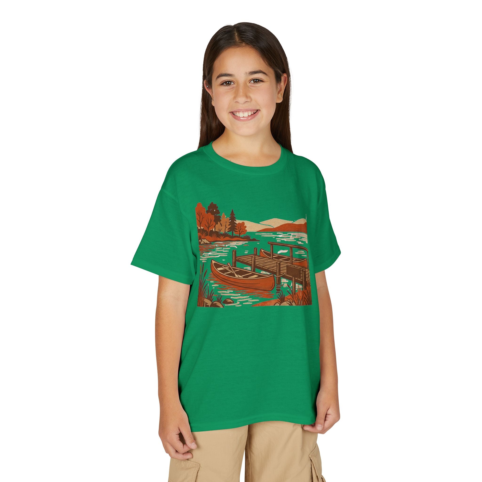 Youth T-Shirt — Autumn Lakeside Dock & Canoe Kids Tee