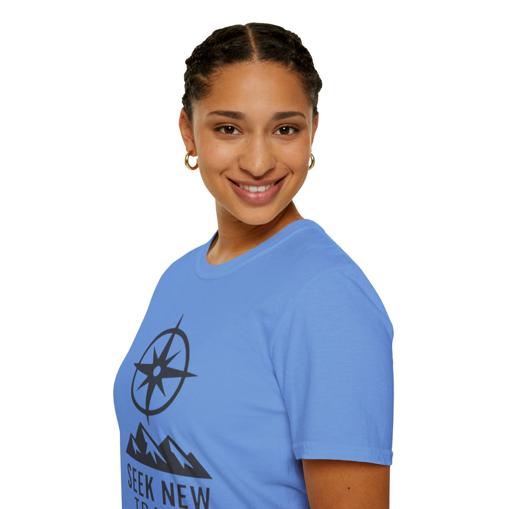 "Seek New Trails" Compass Over Mountains T-Shirt