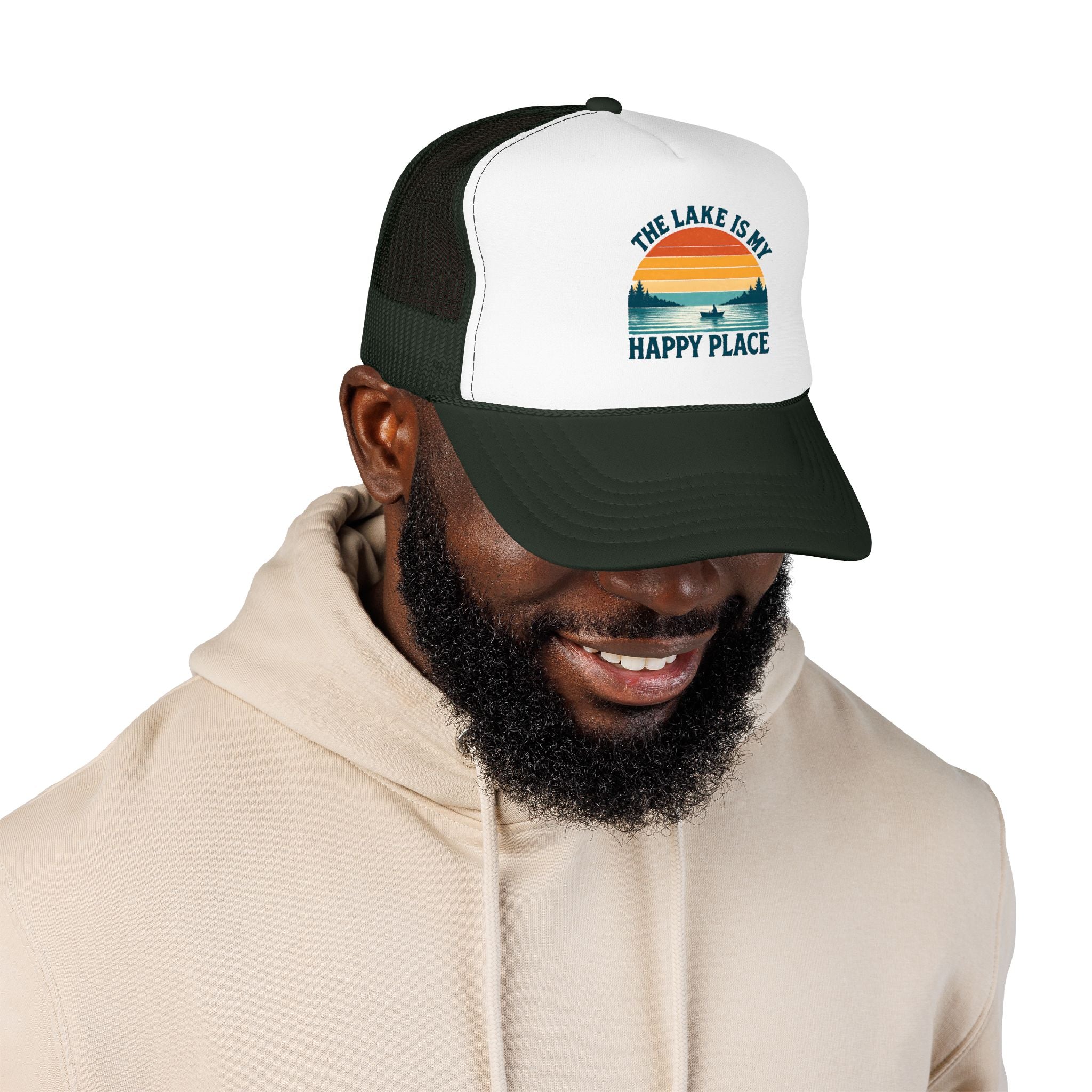 Lake Is My Happy Place Trucker Hat — Vintage Sunset Fishing Foam Cap