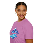 Mountain River T-Shirt — Geometric Blue Peaks & Flowing River