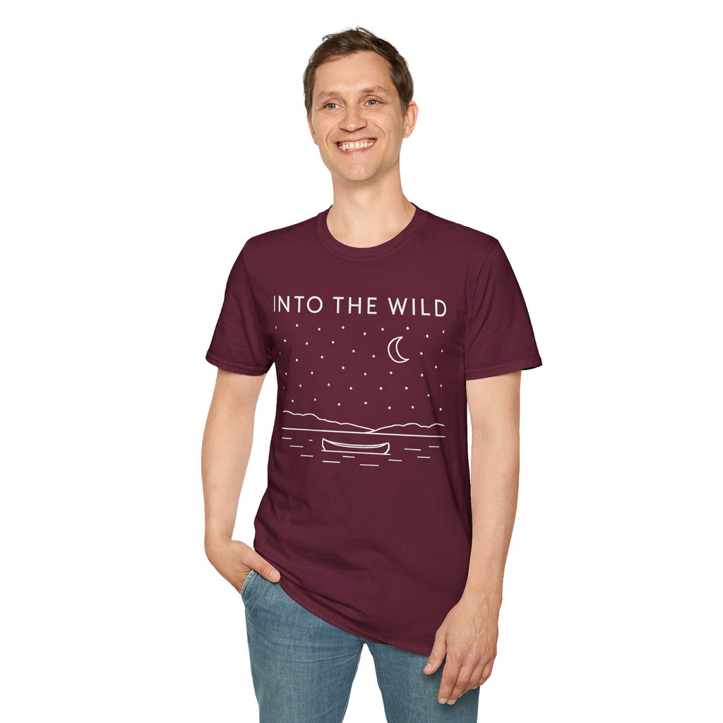 Into The Wild Canoe T-Shirt - Minimal Night Sky Lake Camping Tee