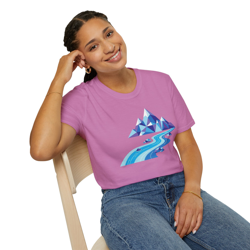 Mountain River T-Shirt — Geometric Blue Peaks & Flowing River