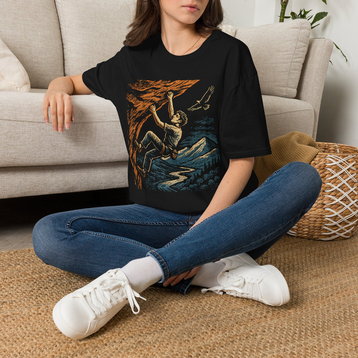 Climber on Cliff with Eagle T-Shirt - Mountain Climber Tee