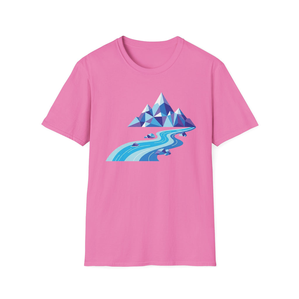 Mountain River T-Shirt — Geometric Blue Peaks & Flowing River
