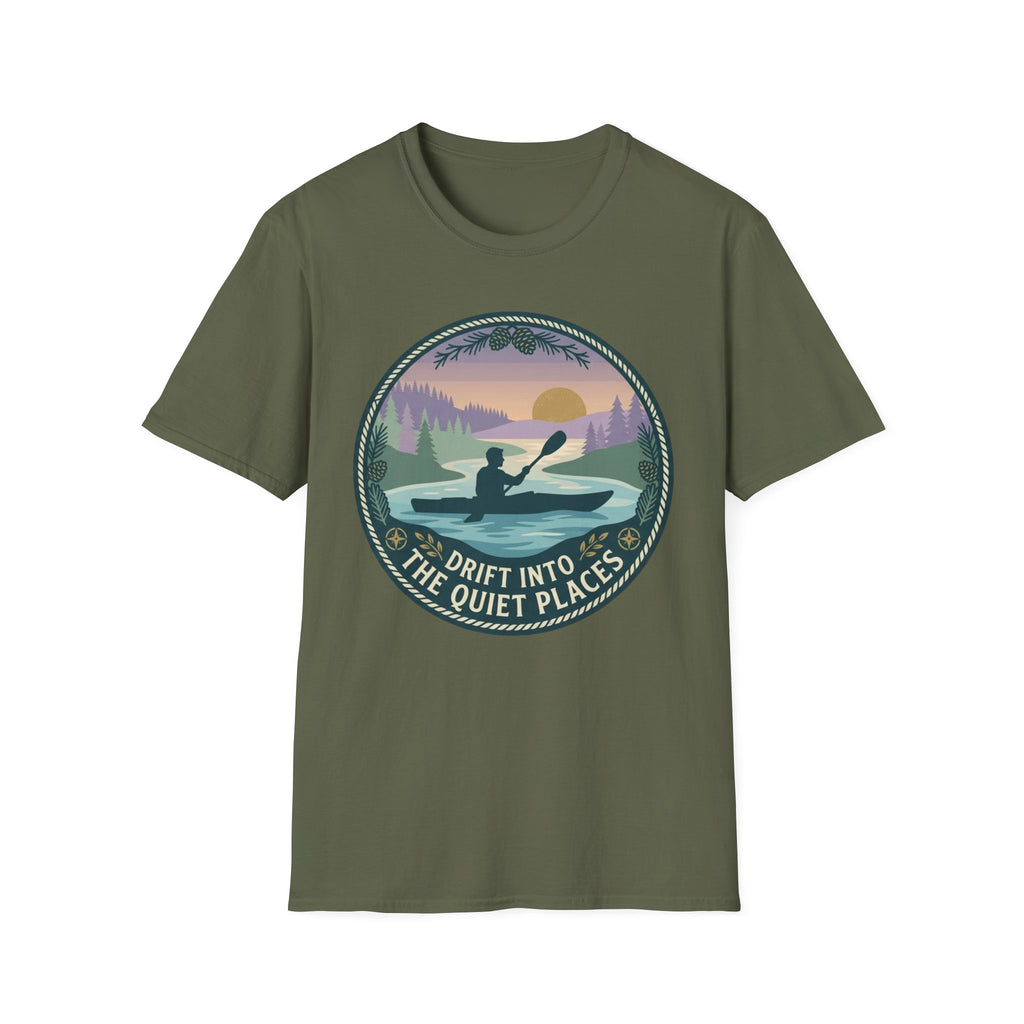 Kayak Sunset T‑Shirt — "Drift Into The Quiet Places" Outdoor Relaxation Tee
