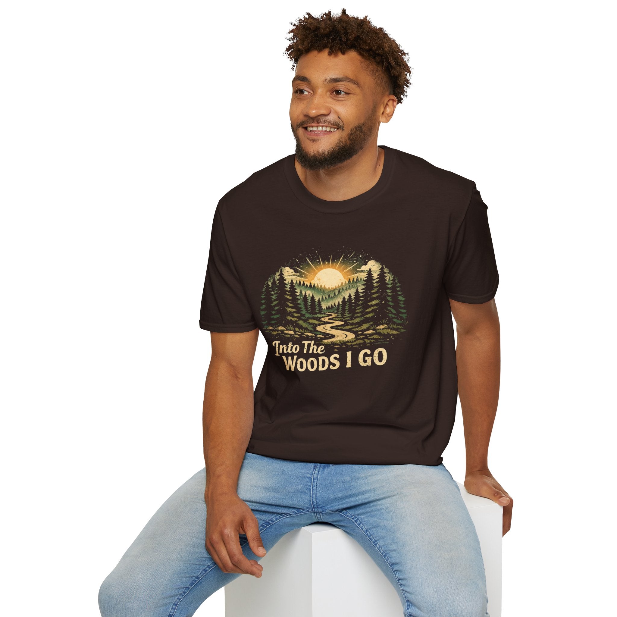 T-Shirt — "Into The Woods I Go" Vintage Forest Sunset Tee