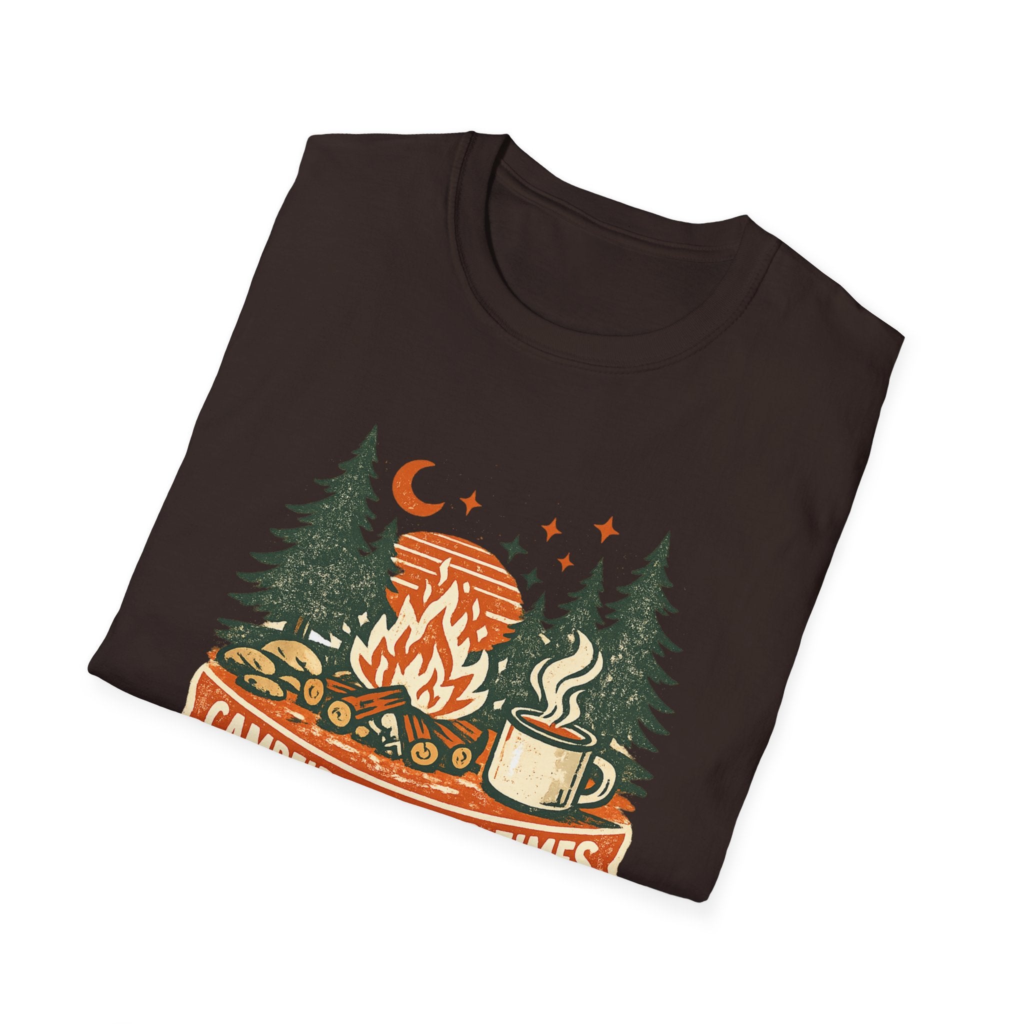 Campfires & Good Times T-Shirt — Retro Camping Tee with Bonfire, Trees & Coffee Mug