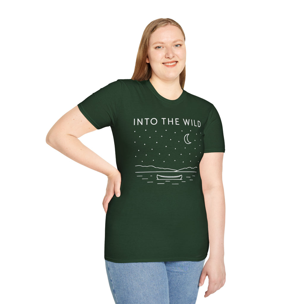 Into The Wild Canoe T-Shirt - Minimal Night Sky Lake Camping Tee