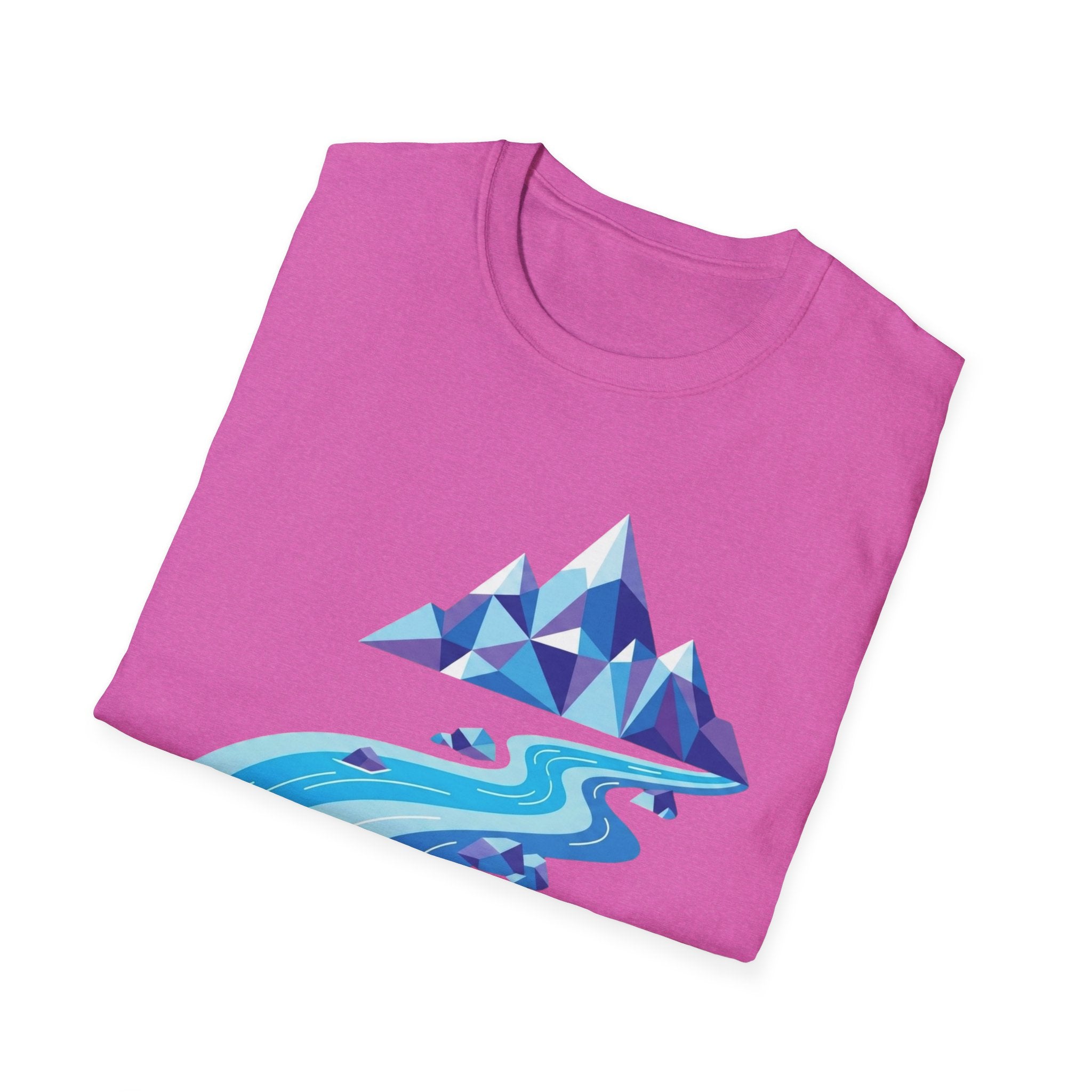 Mountain River T-Shirt — Geometric Blue Peaks & Flowing River