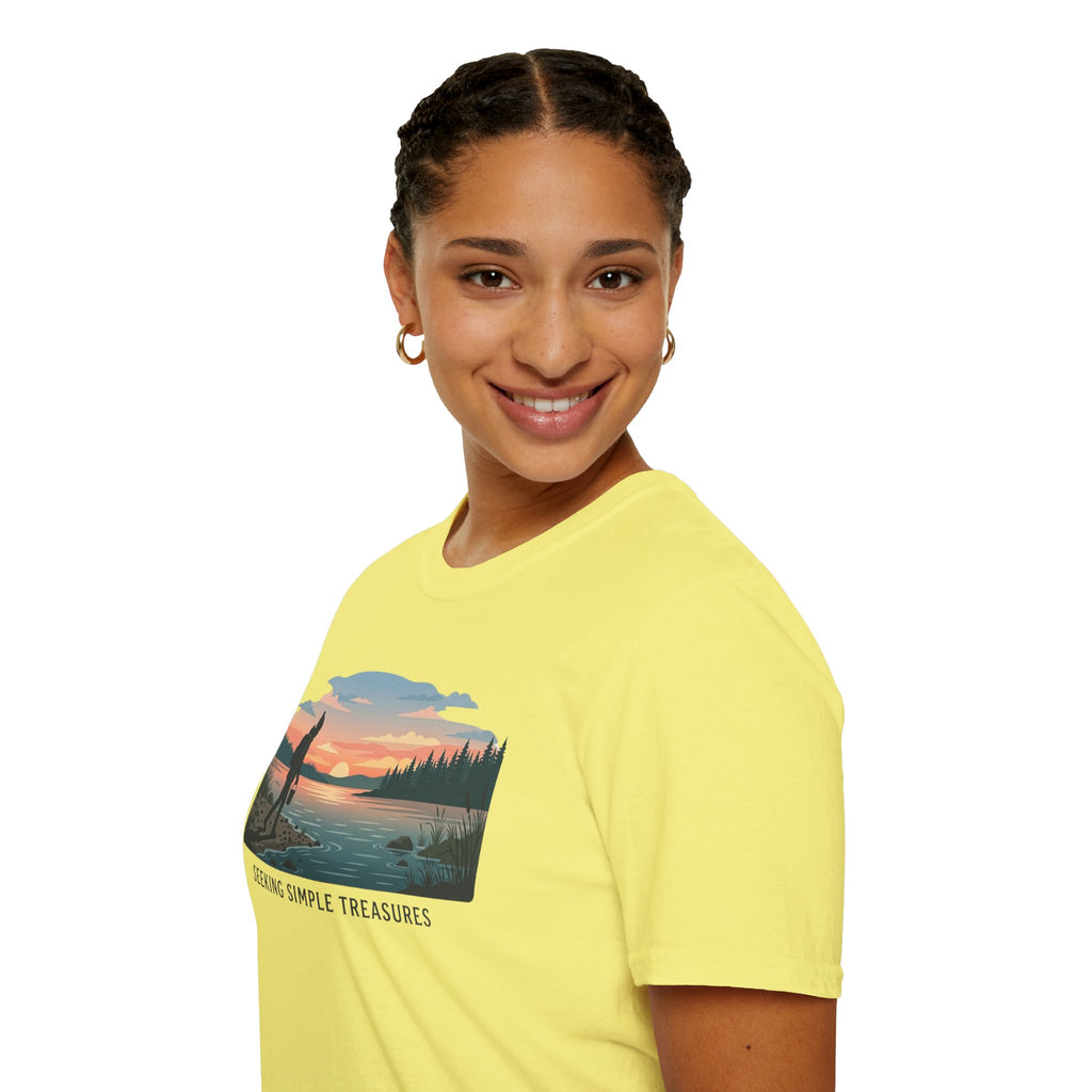 Outdoor T-Shirt — "Seeking Simple Treasures" Sunset Hiker Graphic