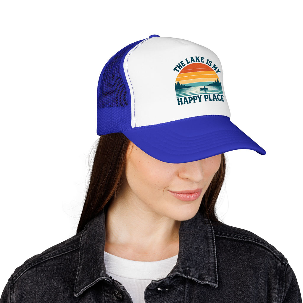 Lake Is My Happy Place Trucker Hat — Vintage Sunset Fishing Foam Cap