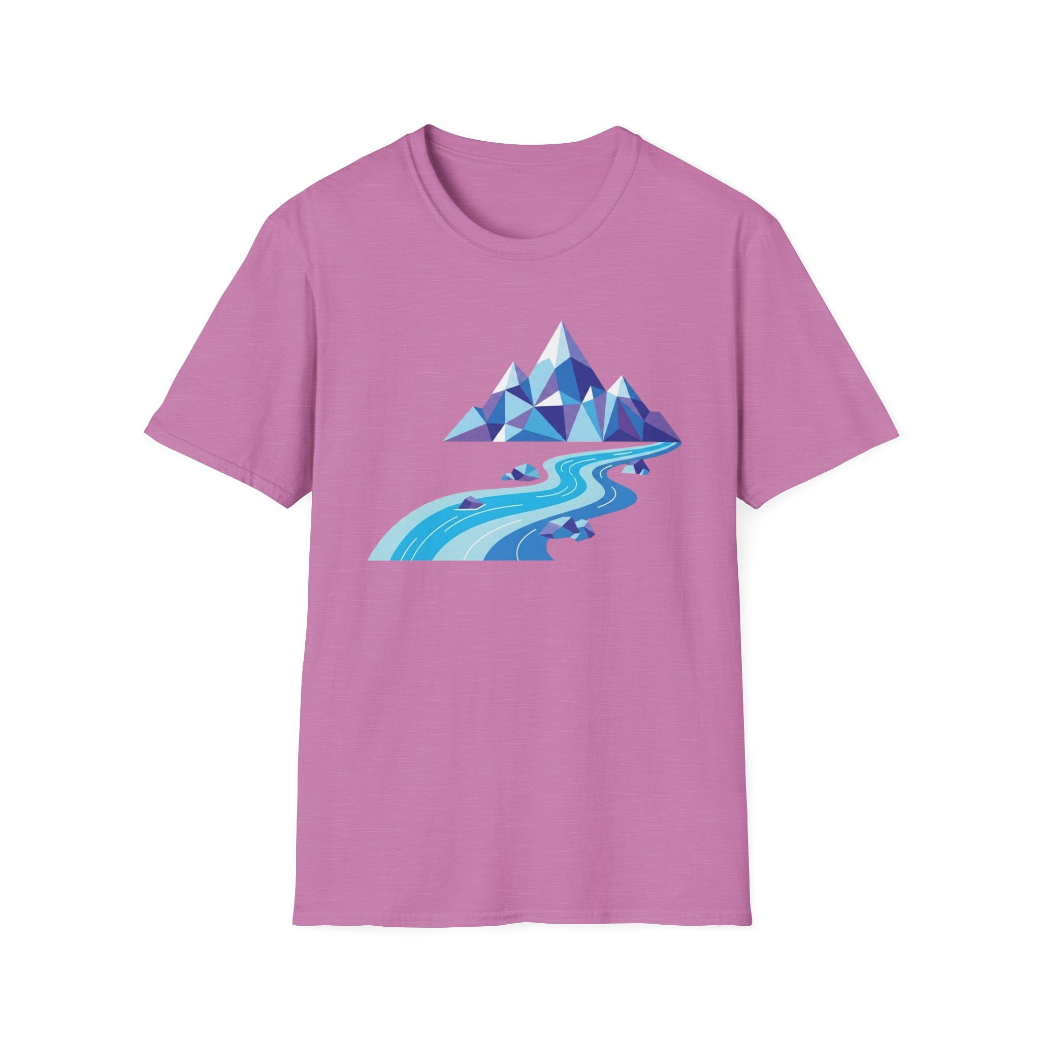 Mountain River T-Shirt — Geometric Blue Peaks & Flowing River