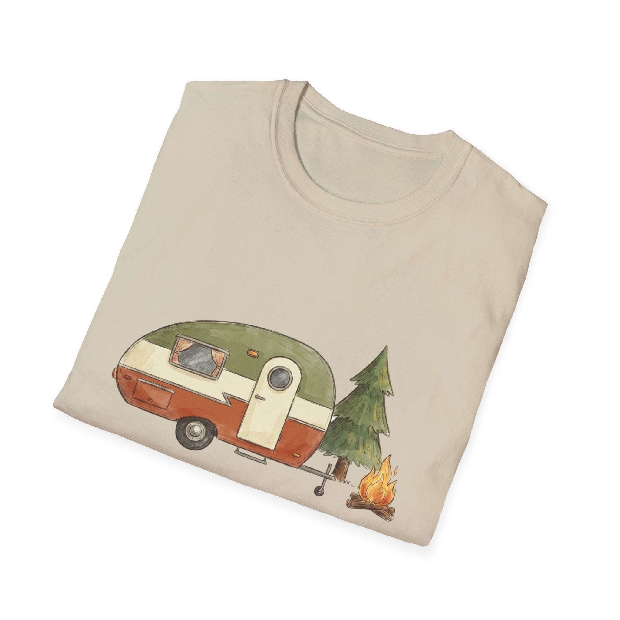 Vintage Camper & Campfire T-Shirt — Retro Trailer Camping Graphic Tee