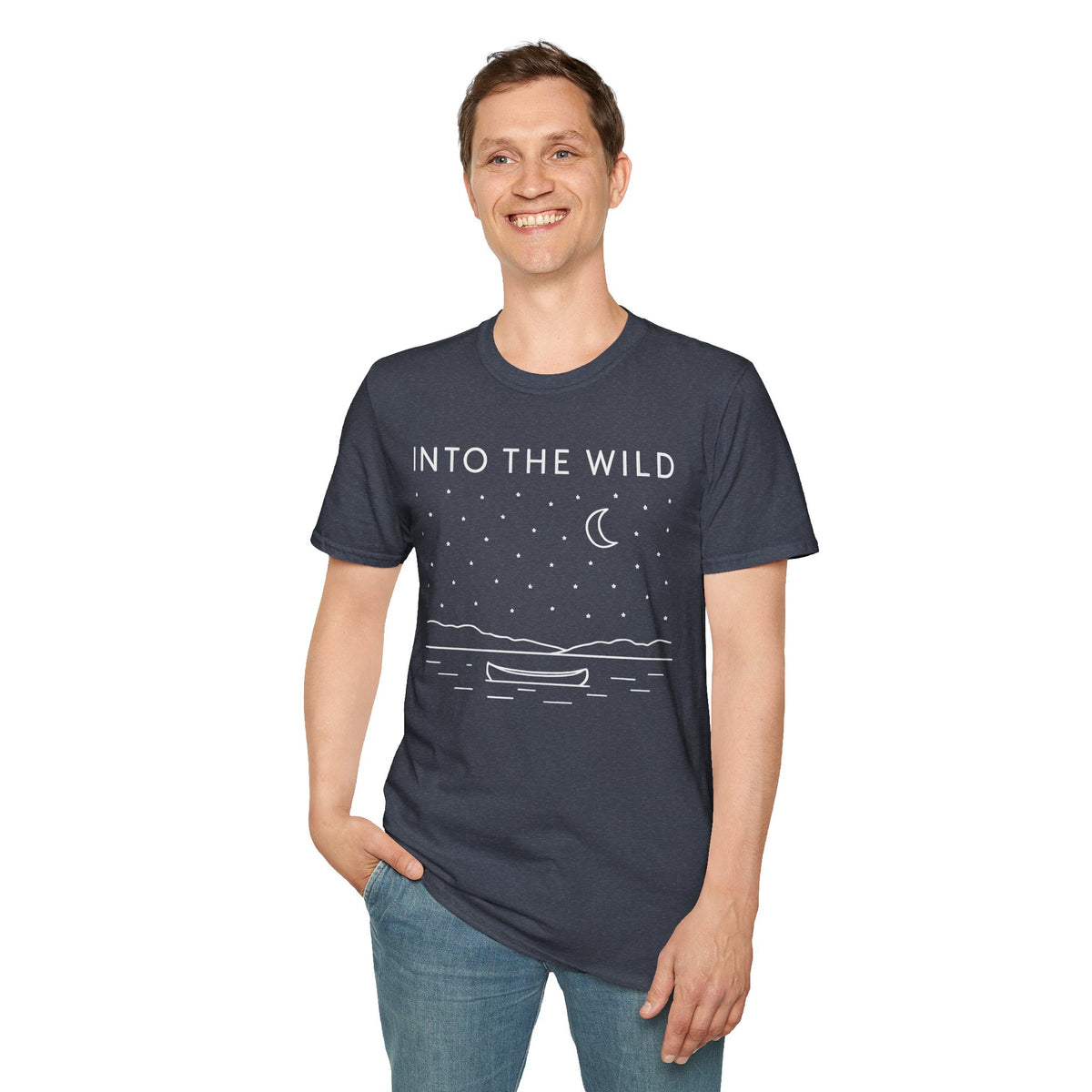 Into The Wild Canoe T-Shirt - Minimal Night Sky Lake Camping Tee