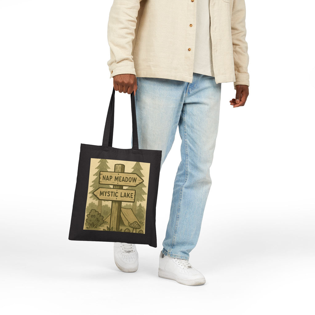 Tote Bag — Rustic ‘Nap Meadow / Mystic Lake’ Camping Sign Canvas Tote
