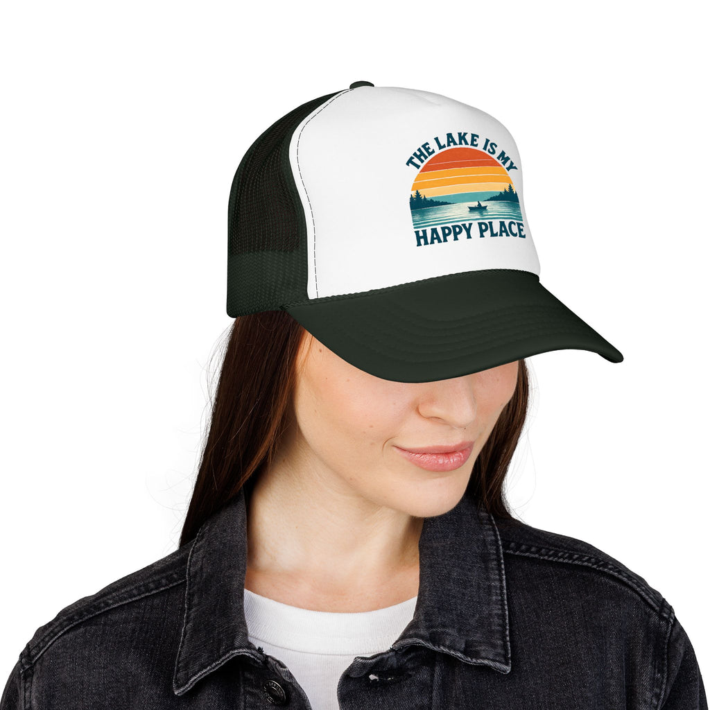 Lake Is My Happy Place Trucker Hat — Vintage Sunset Fishing Foam Cap