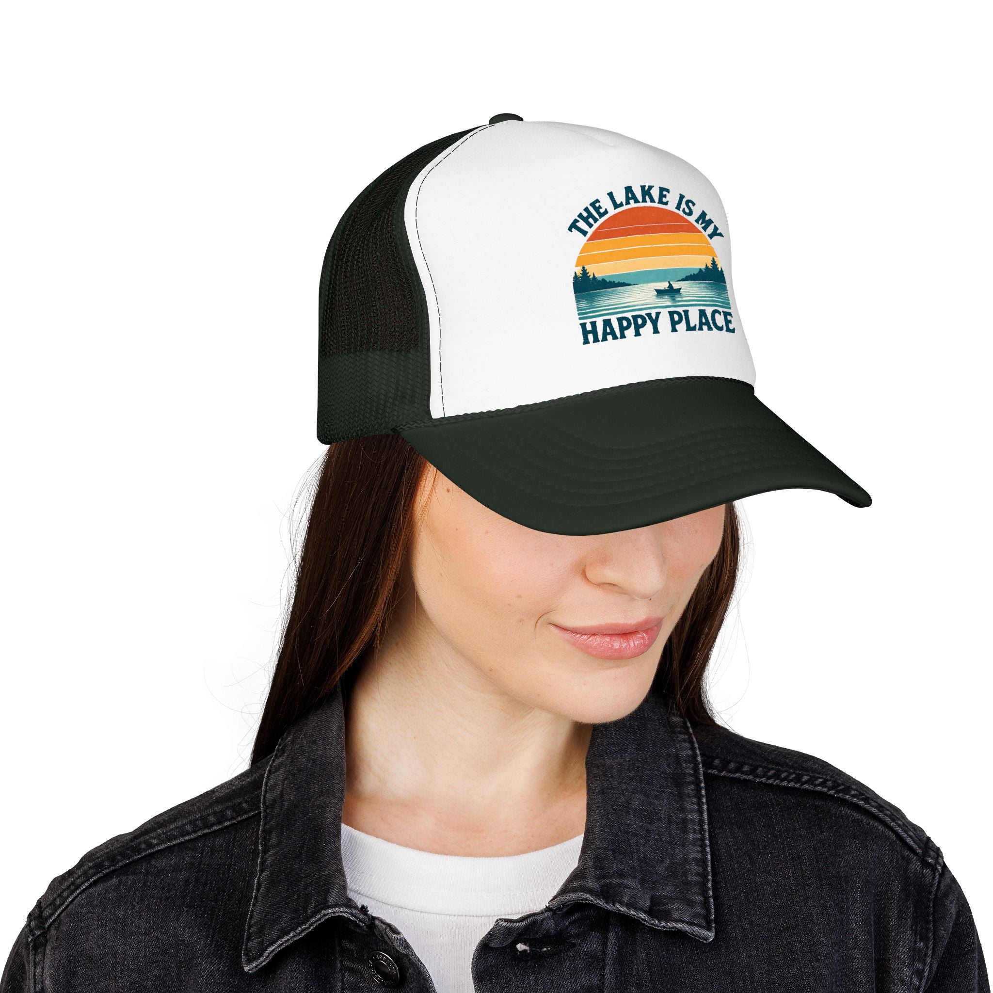 Lake Is My Happy Place Trucker Hat — Vintage Sunset Fishing Foam Cap