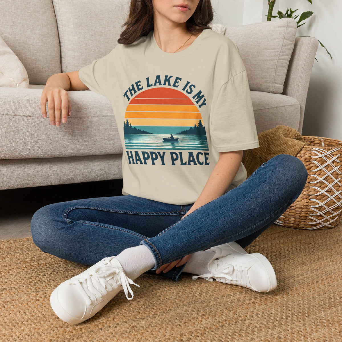 "The Lake Is My Happy Place" Canoe On The Lake At Sunset T-Shirt
