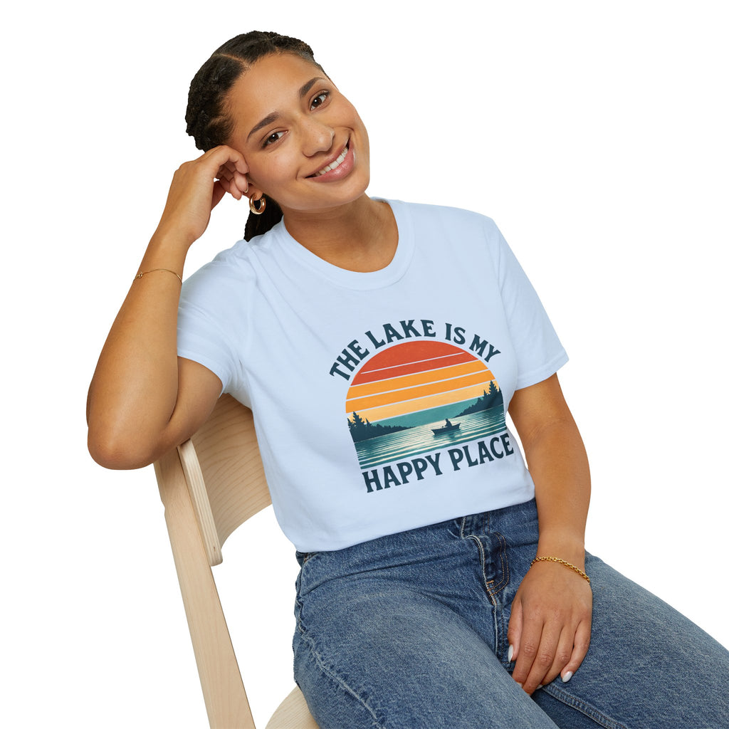 Canoe On The Lake At Sunset "The Lake Is My Happy Place" T-Shirt