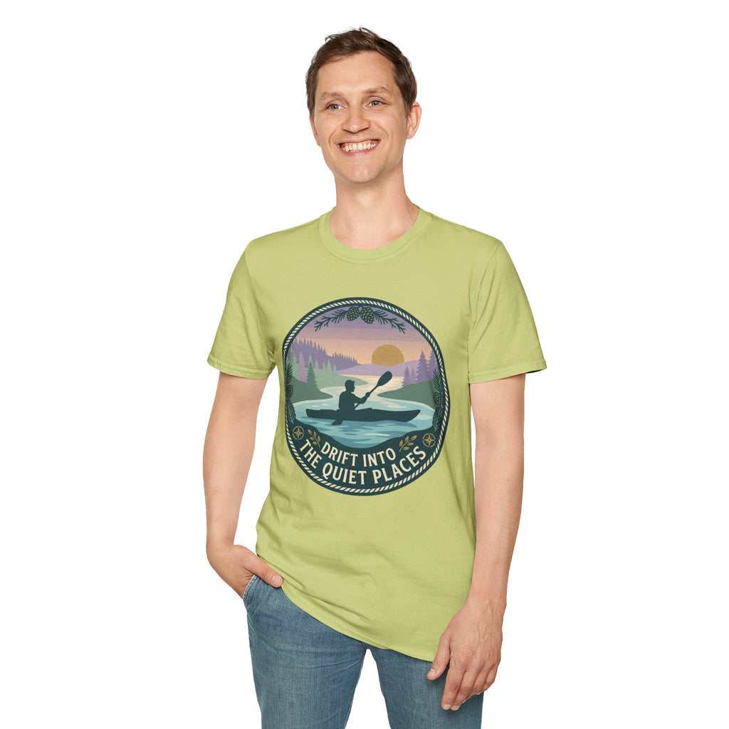 "Drift Into The Quiet Places" Kayak Sunset T‑Shirt — Outdoor Relaxation Tee Shirt