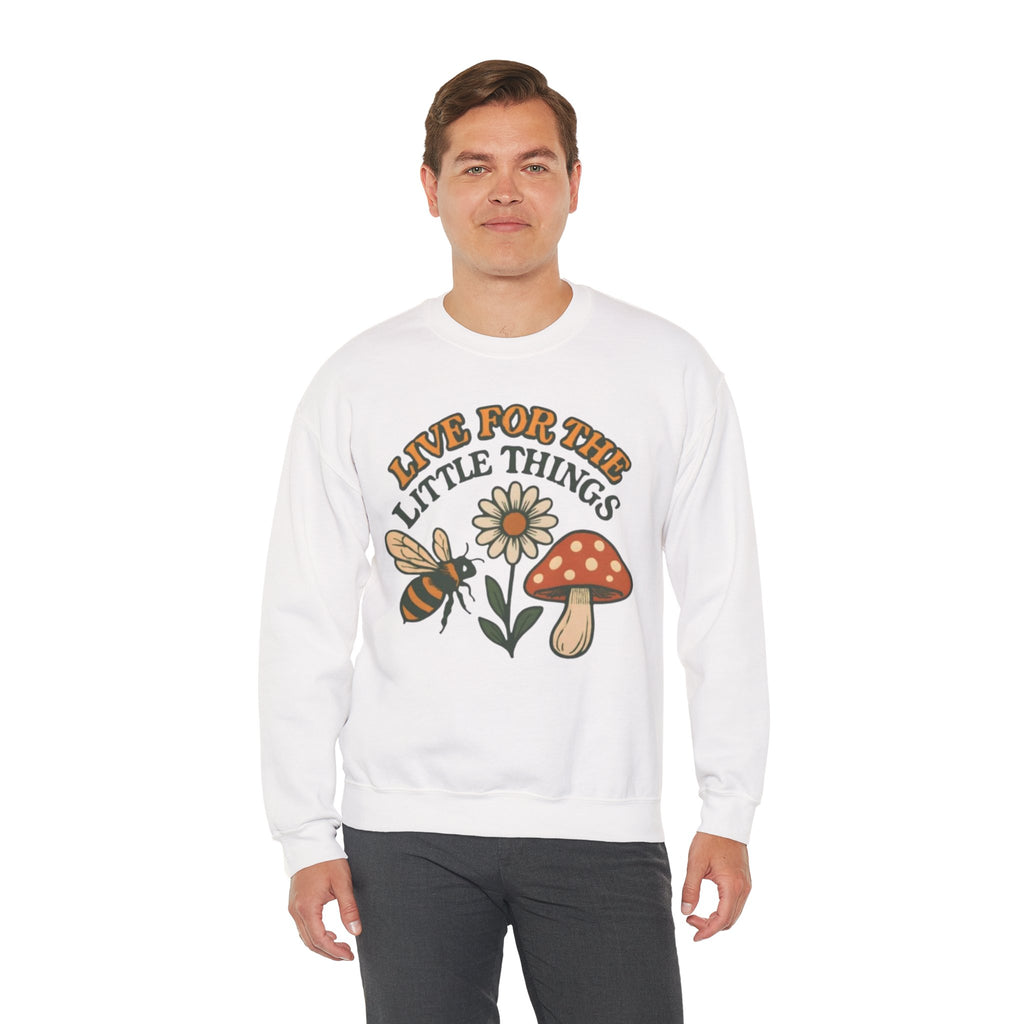 "Live For The Little Things" Bee, Daisy & Mushroom Retro Nature Design Crewneck Sweatshirt