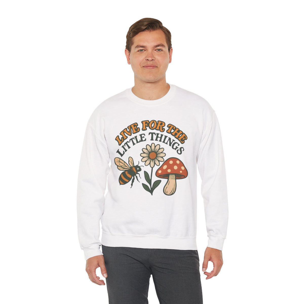 "Live For The Little Things" Bee, Daisy & Mushroom Retro Nature Design Crewneck Sweatshirt