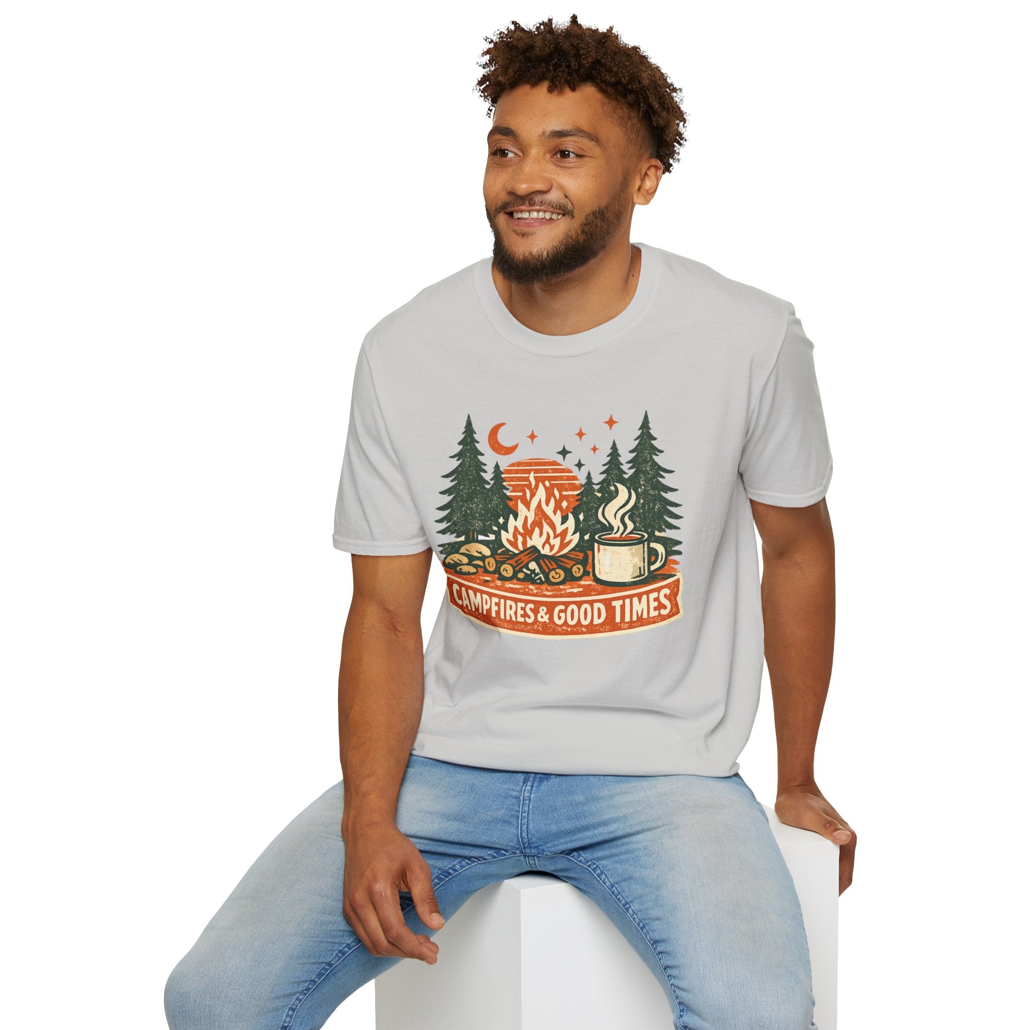 "Campfires & Good Times" T-Shirt — Retro Camping Tee with Bonfire, Trees & Coffee Mug