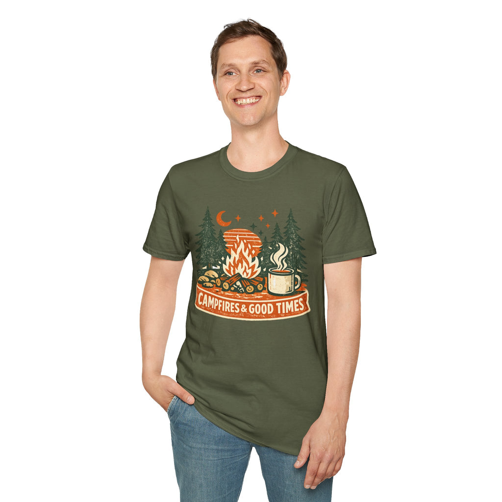 "Campfires & Good Times" T-Shirt — Retro Camping Tee with Bonfire, Trees & Coffee Mug