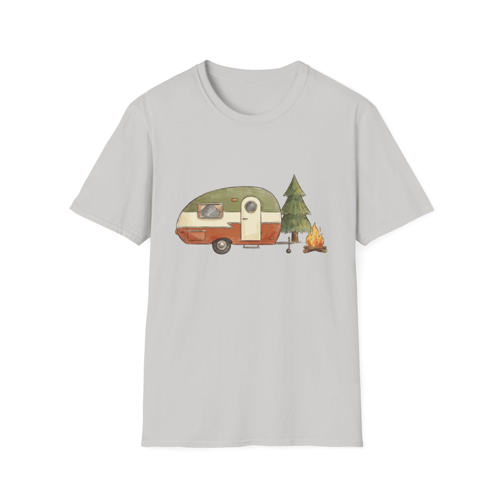 Vintage Camper & Campfire T-Shirt — Retro Trailer Camping Graphic Tee