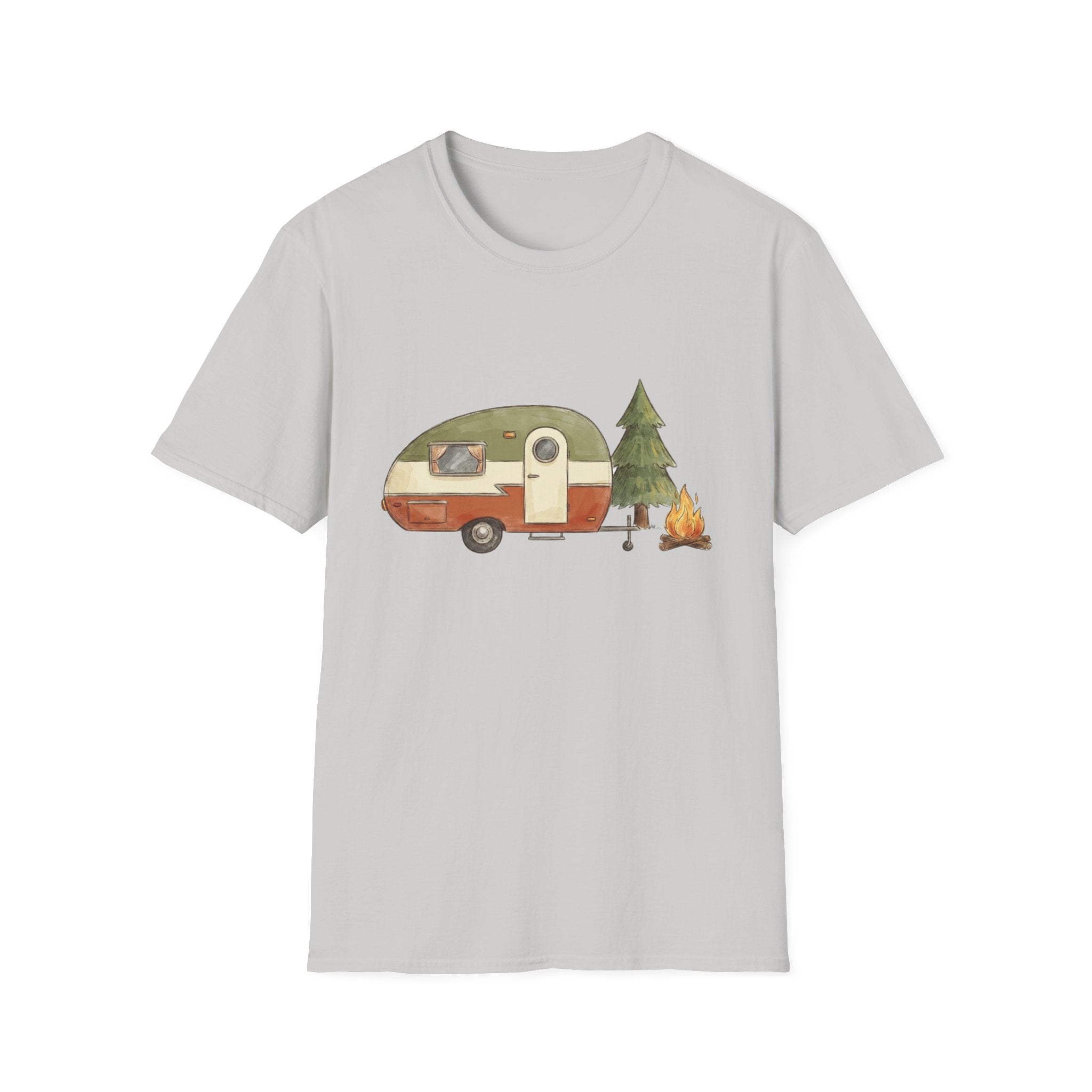 Vintage Camper & Campfire T-Shirt — Retro Trailer Camping Graphic Tee