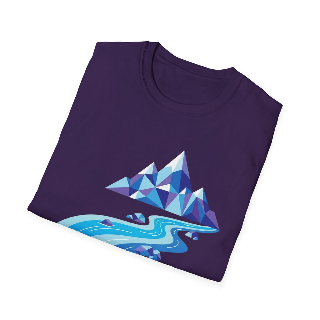 Mountain River T-Shirt — Geometric Blue Peaks & Flowing River