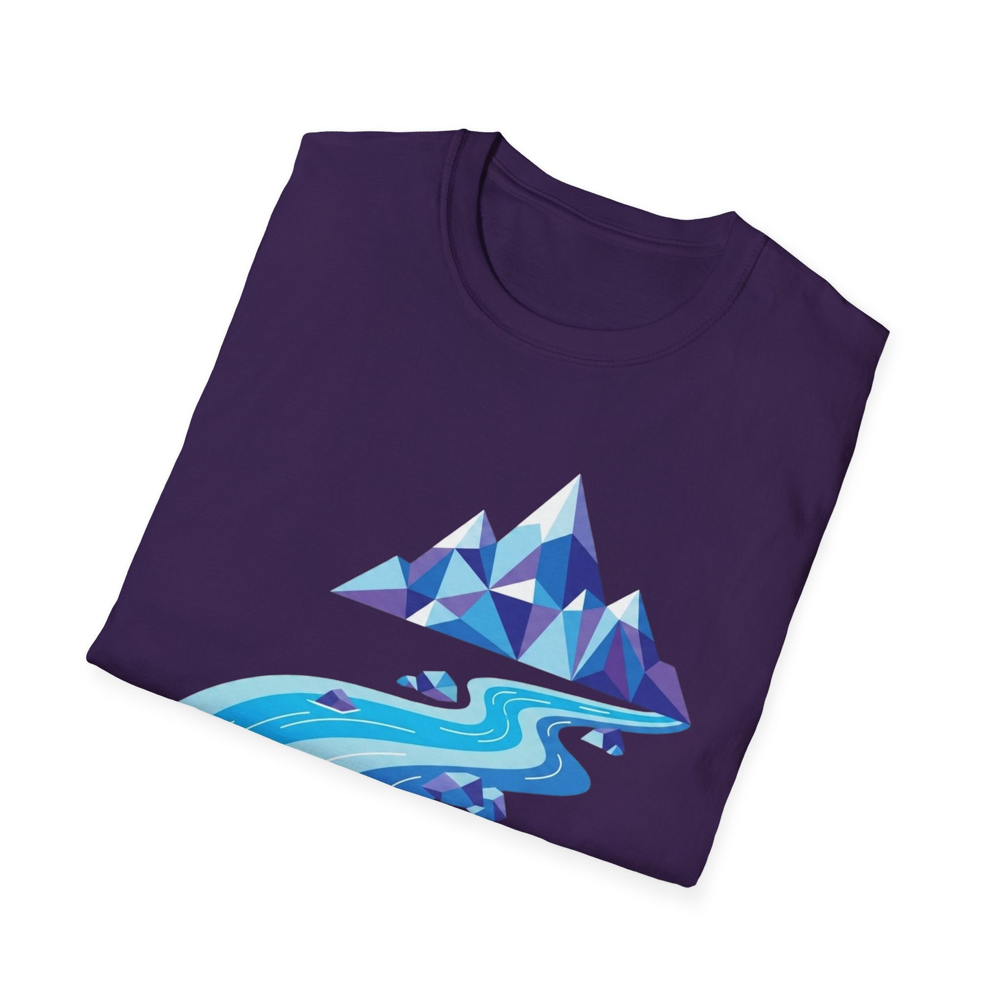 Mountain River T-Shirt — Geometric Blue Peaks & Flowing River